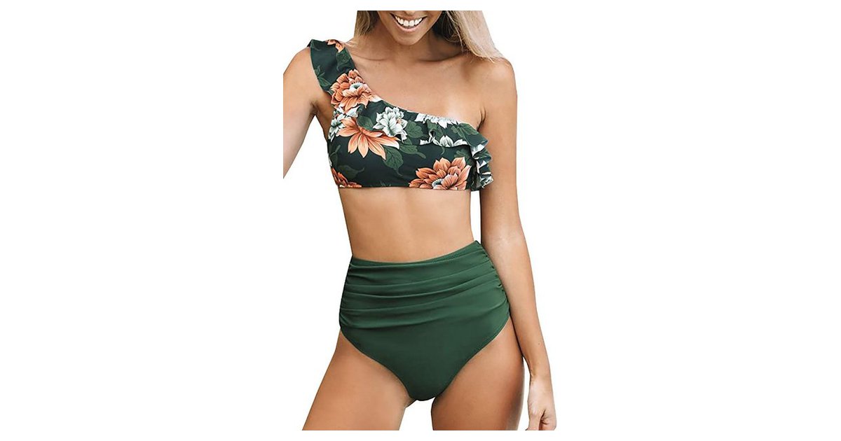 AdanWall Badeanzug Grüner One Shoulder Bikini mit Rüschen und Bauch weg