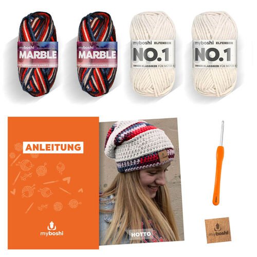 MyBoshi myboshi Häkelset Hotto, inkl Marble Auris und No.1 Wolle, Nadel Anleitung, für Beanie, 30% Merinowolle