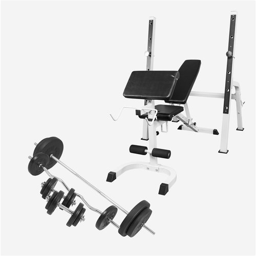 Gorilla Sports Hantelbank mit separater Ablage weiss inkl. Langhantelset 100 kg