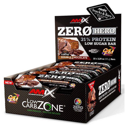 Amix Low Carb Zerohero 65g Protein Bars Box Double Chocolate 15 Units Braun
