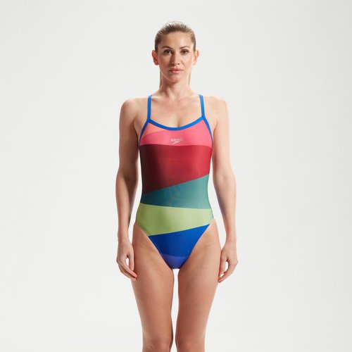 Speedo Placement Digital Powerback-Badeanzug für Damen Rot/Grün/Blau