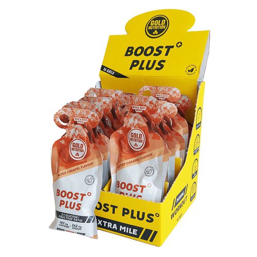 Gold Nutrition Boost Plus 40g Salted Caramel Energy Gels Box 16 Units Golden