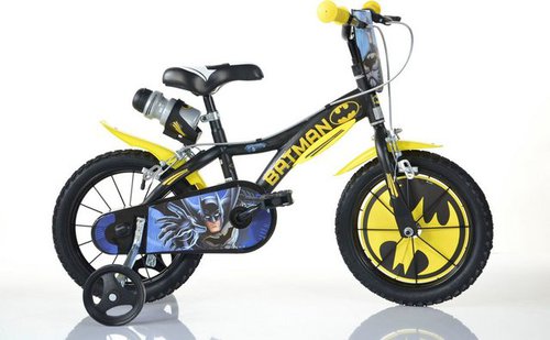 Dino Kinderfahrrad Batman, 1 Gang, mit Stützrädern, Trinkflasche und Frontschild