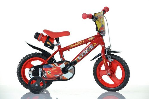 Dino Kinderfahrrad Cars Buddy 12 Zoll, 1 Gang, mit Stützrädern, Trinkflasche und Frontschild