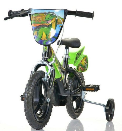 Dino Kinderfahrrad Dinosaurier T-Rex 12 Zoll, 1 Gang, mit Stützrädern, Frontschild und coolen Schutzblechen