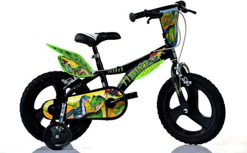 Dino Kinderfahrrad Dinosaurier T-Rex, 1 Gang, mit Stützrädern, Frontschild und coolen Schutzblechen