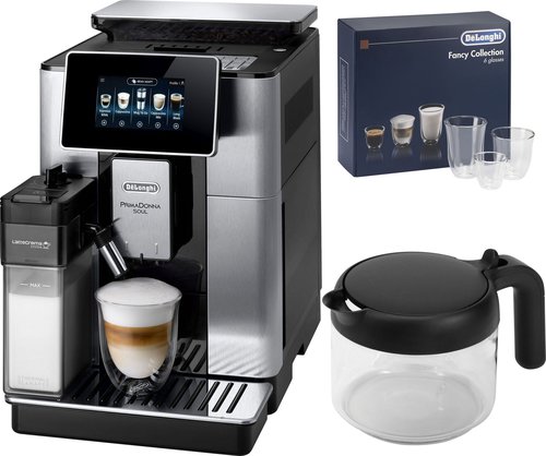 Delonghi De'Longhi Kaffeevollautomat PrimaDonna Soul ECAM 610.75.MB, inkl. Kaffeekanne im Wert von UVP € 29,99 und + Gläser-Set im Wert von 46,90 UVP