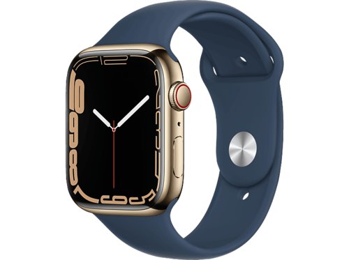 Apple Watch Series 7 GPS  Cellular 45mm Smartwatch Edelstahlgehäuse Fluorelastomer, 140 - 220 mm, Armband Abyssblau, Gehäuse Gold