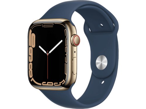 Apple Watch Series 7 GPS  Cellular 45mm Smartwatch Edelstahlgehäuse Fluorelastomer, 140 - 220 mm, Armband Abyssblau, Gehäuse Gold