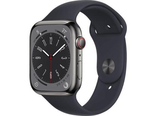 Apple Watch Series 8 GPS  Cellular 45 mm Smartwatch Edelstahl Fluorelastomer, 140 - 220 mm, Armband Mitternacht, Gehäuse Graphit