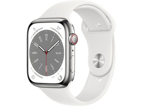 Apple Watch Series 8 GPS  Cellular 45 mm Smartwatch Edelstahl Fluorelastomer, 140 - 220 mm, Armband Weiß, Gehäuse Silber