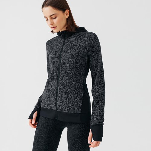 Kalenji Laufjacke Damen mit Kapuze - Warm schwarz mit reflektierendem Muster