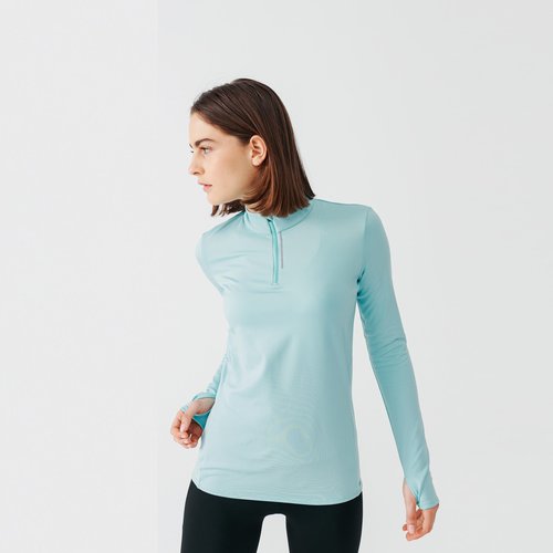 Kalenji Laufshirt langarm Damen warm - Zip hellblau