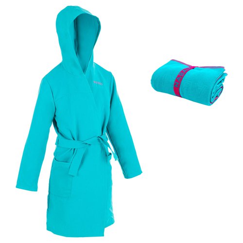 WATKO Set aus Bademantel & Badetuch Mikrofaser kompakt Gr. L 80 × 130 cm Kinder türkis