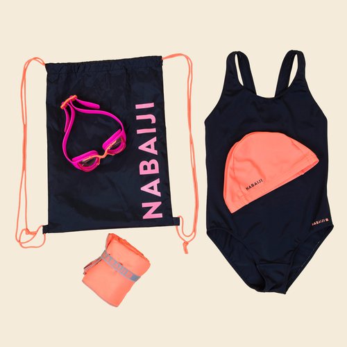 Nabaiji Schwimm-Set 100 Start Mädchen Badeanzug, Brille, Kappe, Handtuch, Tasche koralle