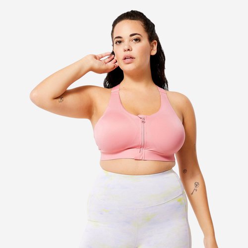 Decathlon Sport-BH Damen mit Reißverschluss und Pads starker Halt - rosa