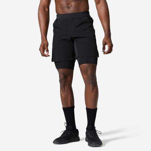 Domyos Shorts 2-in-1 Herren atmungsaktiv Reißverschlusstasche - schwarz