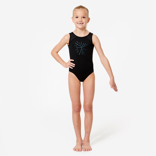 Domyos Gymnastikanzug Turnanzug Mädchen Ärmellos - 540 schwarz mit blauen Pailletten