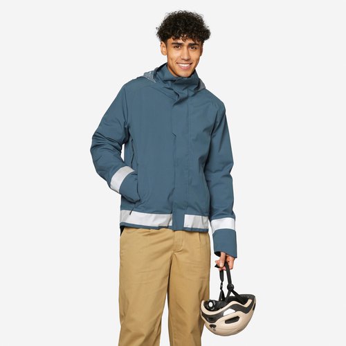 Btwin Fahrrad-Regenjacke City 540 warm Sichtbarkeit bei Nacht Herren blau/grau