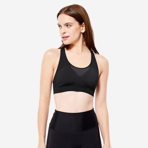 Decathlon Sport-Bustier Damen Ringerrücken nahtlos mittlerer Halt - schwarz