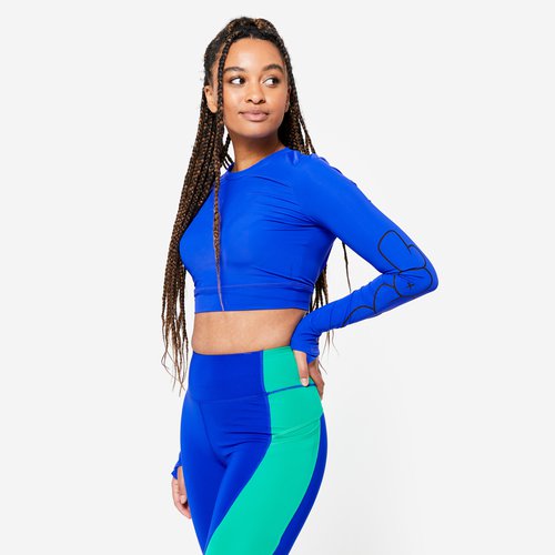 Domyos Crop Top Damen mit langen Ärmeln - blau bedruckt