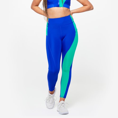 Domyos Leggings Damen hoher Taillenbund figurformend - grün/blau