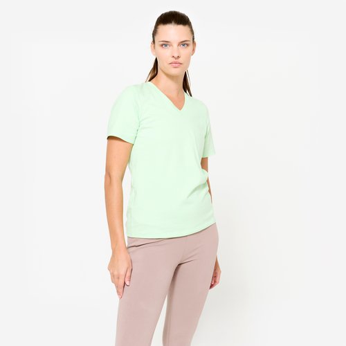 Domyos T-Shirt Damen V-Ausschnitt Baumwolle - pastellgrün