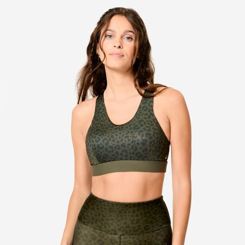 Domyos Sport-BH Damen Schwimmerrücken mit Pads mittlerer Halt - khaki/Leopardenmuster