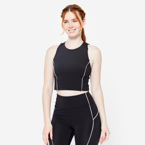 Domyos Crop Top Damen dehnbar Paspeln - schwarz