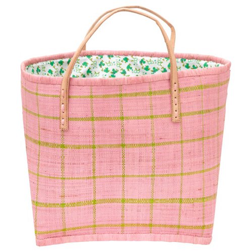 Rice Raffia Bag with Fabric Closing and Leather Handles