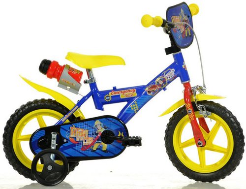 Dino Kinderfahrrad Feuerwehrmann Sam 12 Zoll, 1 Gang, mit Stützrädern, Trinkflasche und Frontschild