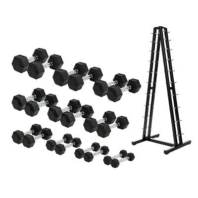 Sport-thieme Kompakthantel-Set "Gummi Hex", 1-10 kg, inkl. Kurzhantelständer