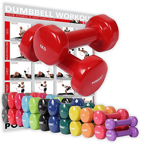 POWRX Vinyl Hanteln Paar Ideal für Gymnastik Aerobic Pilates 0,5 kg – 10 kg I Kurzhantel Set in versch. Farben (2 x 1 kg (Rot))