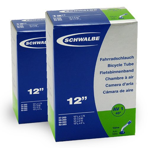 Schwalbe SCHWALBE AV1 (12x1.75 -2 1/4 Zoll) 2 Stück Fahrradschlauch mit Auto Ventil 45 Grad Winkel, für Kinderrad + 3 Stück  Reifenheber