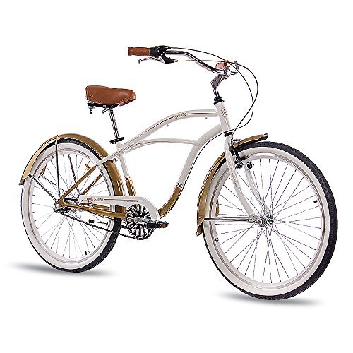 CHRISSON 26 Zoll Beachcruiser Sando Weiss Gold mit 3 Gang Shimano Nexus Nabenschaltung, Damenfahrrad, Herrenfahrrad im Retro Look, Vintage Cruiser Bike