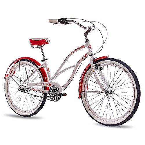 CHRISSON 26 Zoll Beachcruiser Sandy Weiss rot mit 3 Gang Shimano Nexus Nabenschaltung, Damenfahrrad im Retro Look, Vintage Cruiser Bike