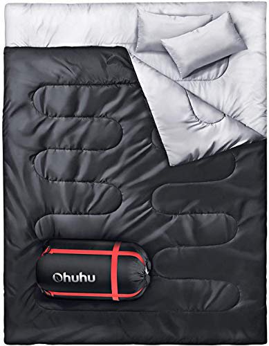 Ohuhu Doppelschlafsack,  Schlafsack 220 x 150cm Erwachsene Deckenschlafsack mit 2 Gratis Kissen und eine Tragetasche, vier Doppel Zippern, Angenehme Temperatur für Outdoor, Camping, Schwarz
