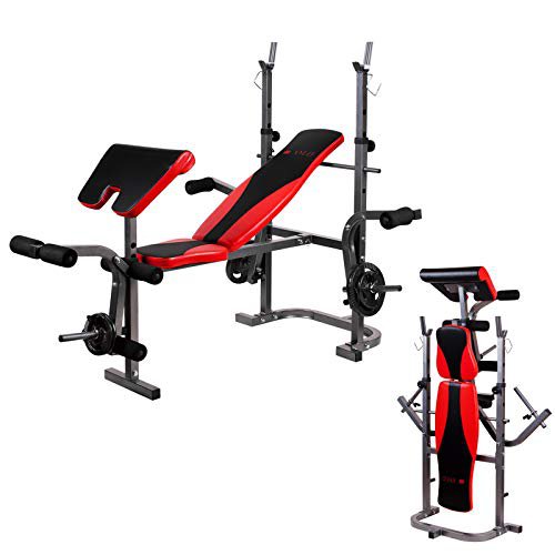 Xylo Hantelbank klappbar Kraftstation Liegestützgriffe, Flachbank mit Curlpult Butterfly und Beincurler Trainingsbank mit Hantelablage Home Gym Verstellbar XG-035