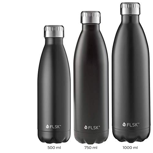 FLSK das Original Trinkflasche Thermoflasche Isolierflasche hält 18h heiß - 24h kalt (Farbe Black, Grösse 1000ml)