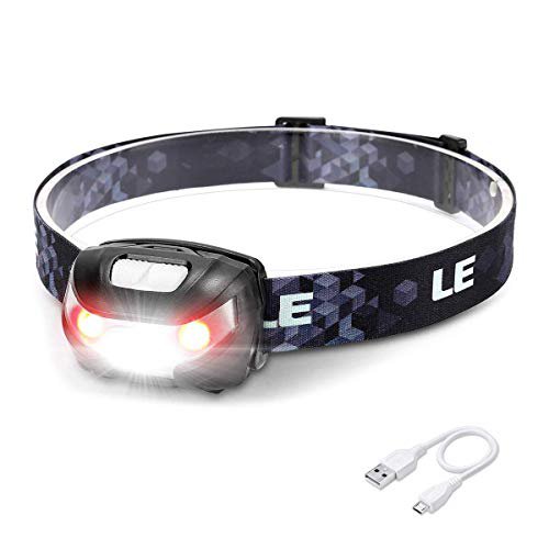 Lighting EVER LE USB Wiederaufladbar Stirnlampe, LED Kopflampe mit 5 Lichtmodi Scheinwerfer und Rotlicht, IPX4 spritzwassergeschütztes Gehäuse, Ideal für Camping Joggen, USB Kabel inklusive