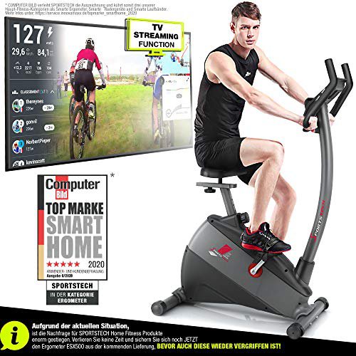 Sportstech ESX500 Ergometer - Deutsche Qualitätsmarke - Video Events & Multiplayer APP + 5,5“ Display, 12KG Schwungmasse, Pulsgurt kompatibel – Fitness-Bike Heimtrainer mit flüsterleisem Riemenantrieb