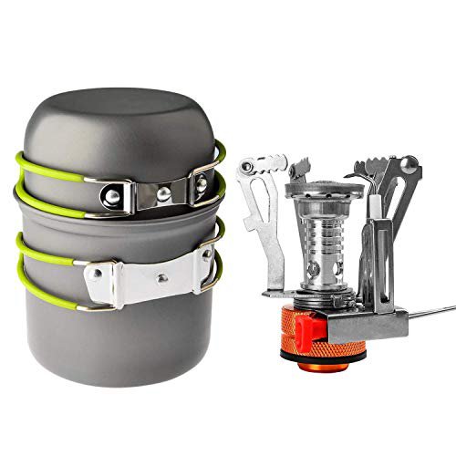 Shayson Camping Kochgeschirr Set，Tragbar Mini Camping Picknick Töpfe mit Piezozündung Kanister Herd für Outdoor Kochen