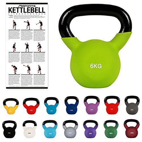 MSPORTS Kettlebell Neopren 2 – 30 kg inkl. Übungsposter (6 Kg - Grün) Kugelhantel