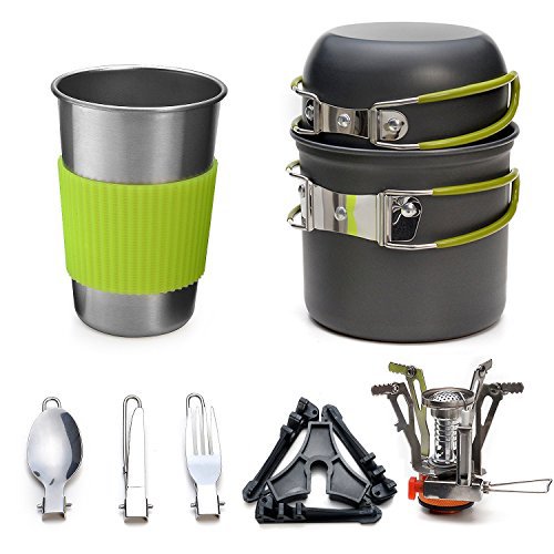 Odoland Camping Geschirr Set 9-teiliges kochtopf Set inkl. Aluminium Camping Töpfe, Faltbare Besteck, Mini Campingkocher für Schraubkartusche