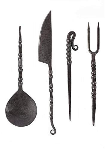 Battle-Merchant 4 teiliges Mittelalterliches Handgeschmiedetes Essbesteck, mit Ledertasche Messer Gabel Löffel Esspfriem