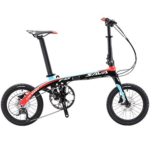 SAVADECK Z2 Carbon Faltrad 16'' Klapprad Faltrad Klappfahrrad Kohlefaser Rahmen Kinder Mini Stadt Faltbare Fahrrad mit Shimano SORA 3000 9 Speed Group Set (Schwarz Rot)