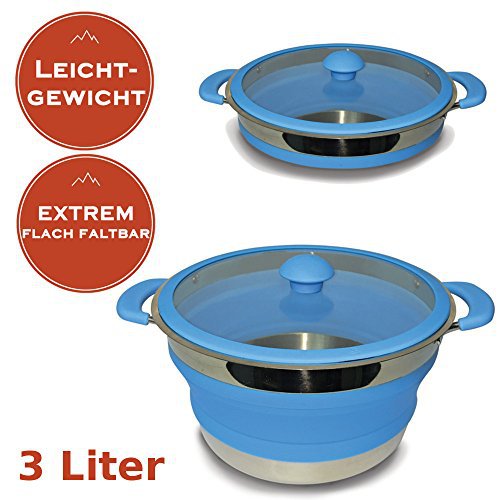 CamperWave Faltbarer Leichtgewichtstopf 3 Liter - Camping Kochtopf aus Metall und Silikon - MINIMALES Packmaß + MINIMALES Gewicht - spülmaschinenfest