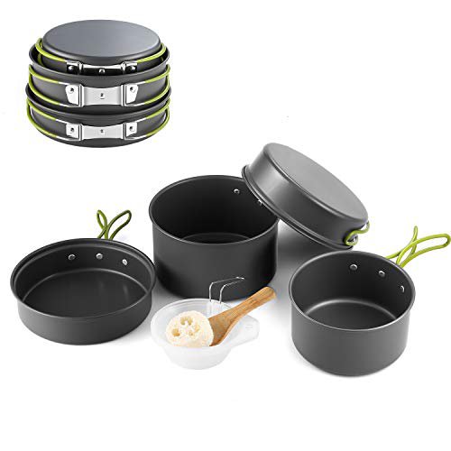 Gomyhom Camping Kochgeschirr Se Camping-Kochtopf Set aus Edelstah 11-tlg Kochausrüstung für Outdoor Wandern Picknick | FDA Genehmigte Topf & Pfanne aus Aluminium und Edelstahl