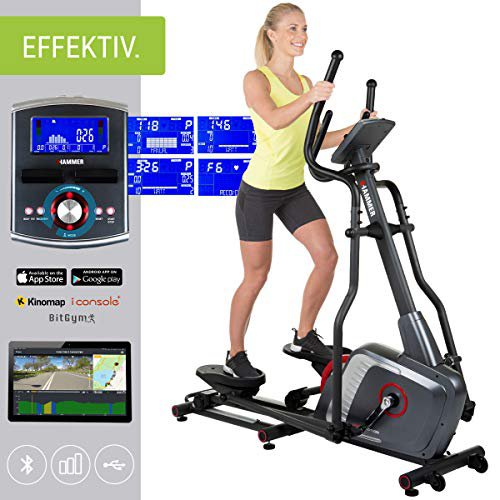 HAMMER Ellipsentrainer Speed-Motion BT, leises Trainingsgerät mit Bluetooth & App-Steuerung, Smartphone- und Tablethalterung, Cardiogerät mit Handpulssensoren, 22 Trainingsprogramme, 163 x 53 x 164 cm