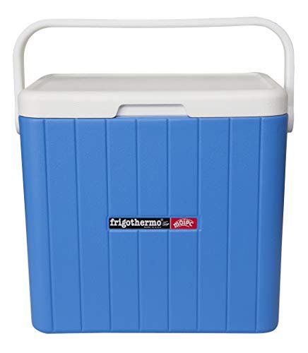 frigothermo Kühlbox 27 Liter groß eckig blau weiß passiv Kunststoff mit Tragegriff Ablassventil abnehmbarem Deckel bis 12 Stunden Kühlung Thermo-Behälter Cooler Getränkekühler Autokühlbox Kühltruhe